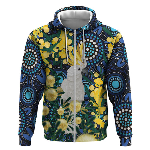 Australia Golden Wattle Zip Hoodie Aussie Cockatoo Aboriginal Art