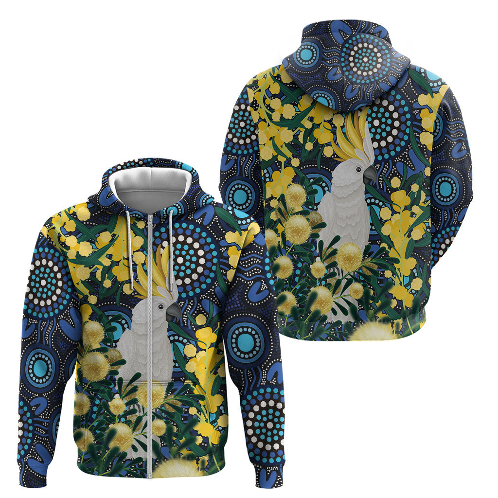 Australia Golden Wattle Zip Hoodie Aussie Cockatoo Aboriginal Art