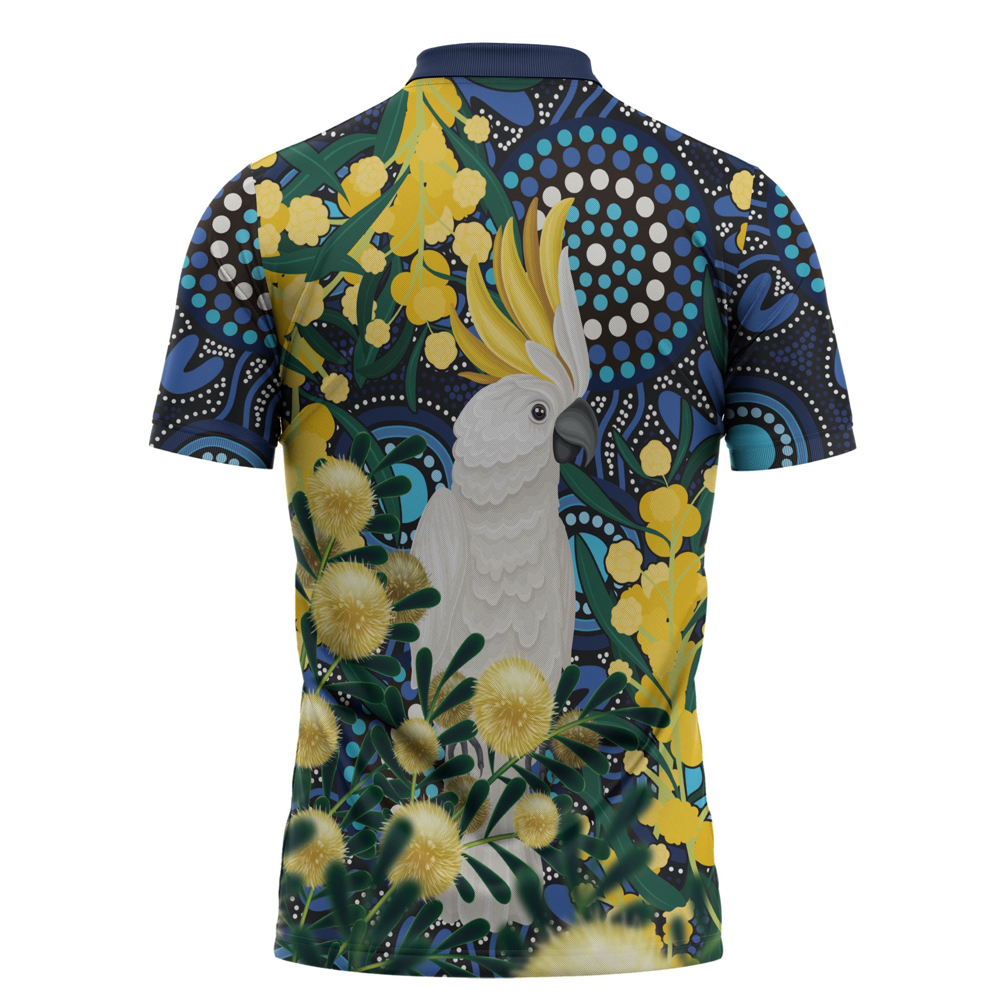 Australia Golden Wattle Zipper Polo Shirt Aussie Cockatoo Aboriginal Art