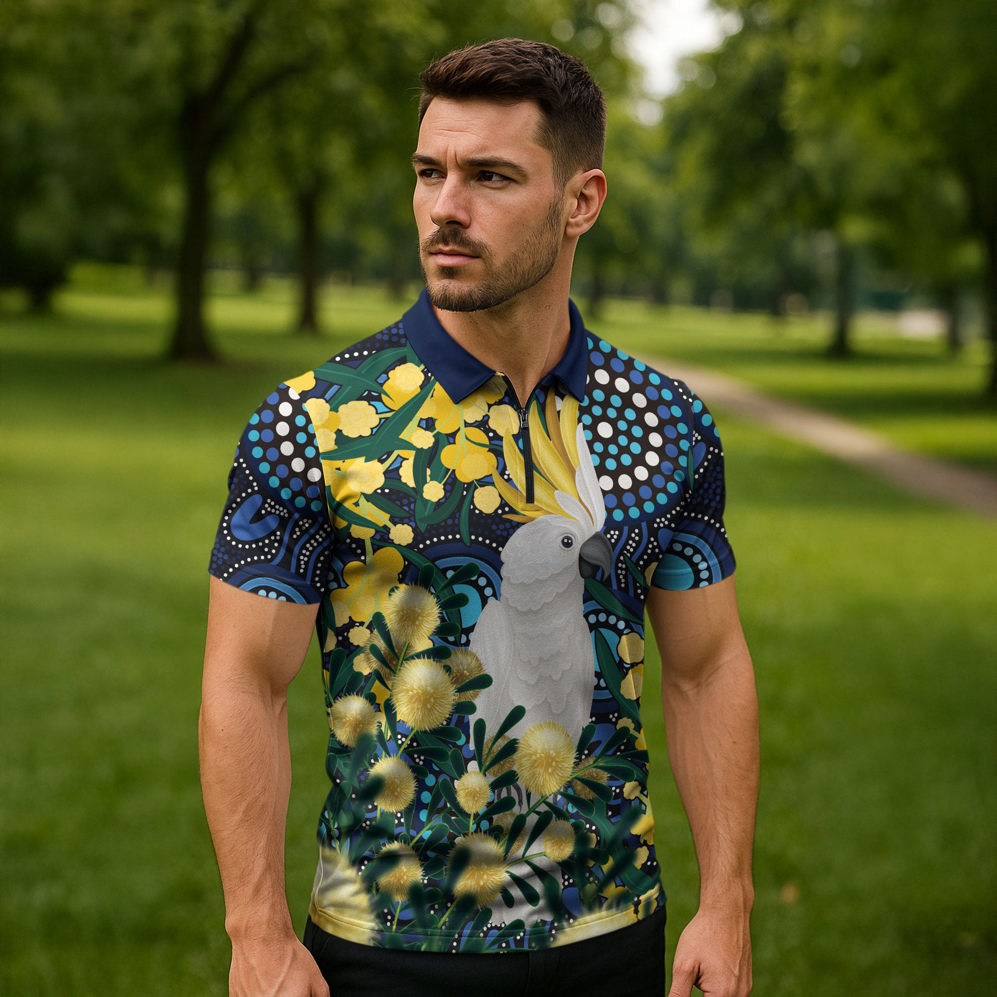 Australia Golden Wattle Zipper Polo Shirt Aussie Cockatoo Aboriginal Art
