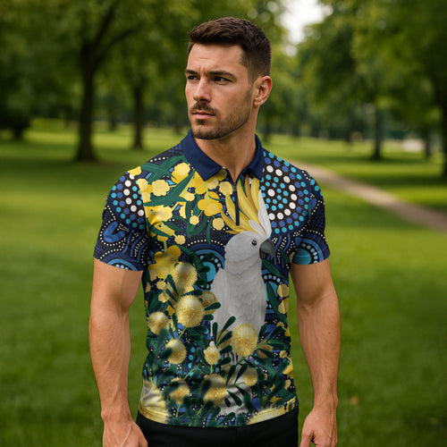 Australia Golden Wattle Zipper Polo Shirt Aussie Cockatoo Aboriginal Art