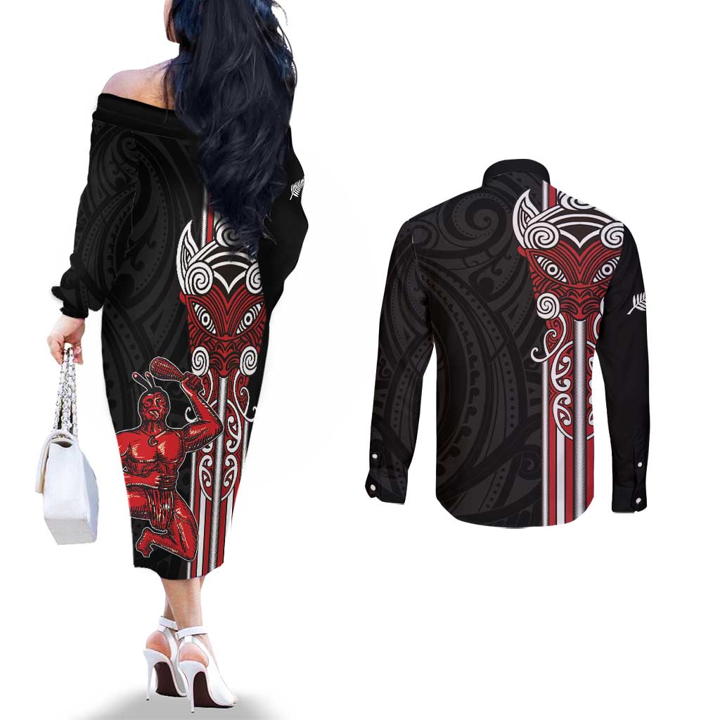Toitu Te Reo Maori Toitu Te Whenua Toitu Te Tiriti Couples Matching Off The Shoulder Long Sleeve Dress and Long Sleeve Button Shirt Maori Warrior New Zealand