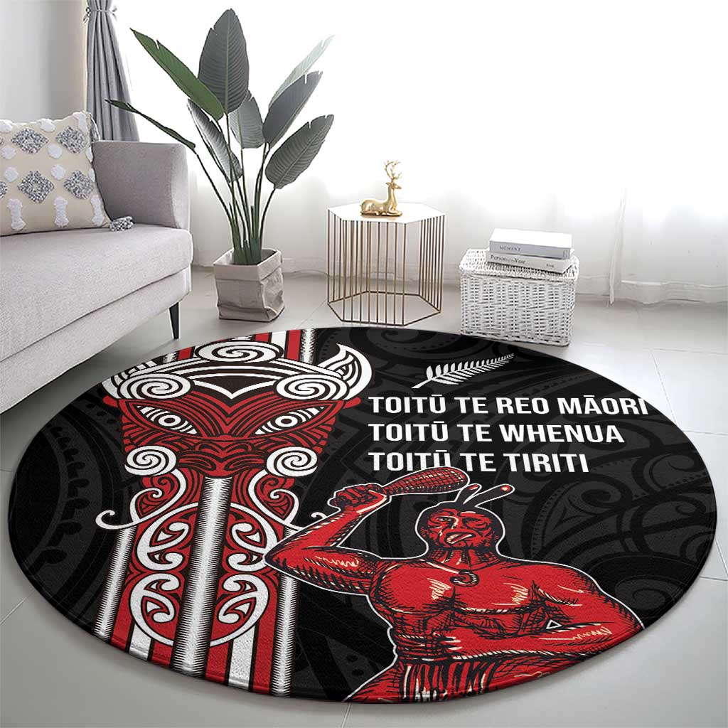 Toitu Te Reo Maori Toitu Te Whenua Toitu Te Tiriti Round Carpet Maori Warrior New Zealand