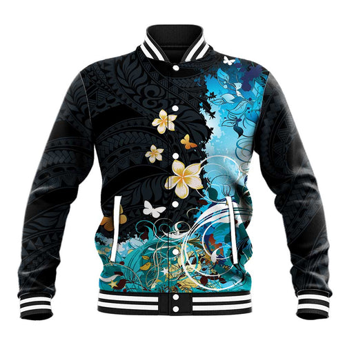 Blue Grunge Polynesian Pattern Baseball Jacket Plumeria Floral
