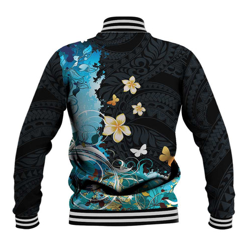 Blue Grunge Polynesian Pattern Baseball Jacket Plumeria Floral
