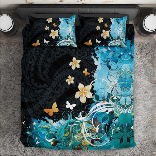 Blue Grunge Polynesian Pattern Bedding Set Plumeria Floral