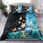 Blue Grunge Polynesian Pattern Bedding Set Plumeria Floral
