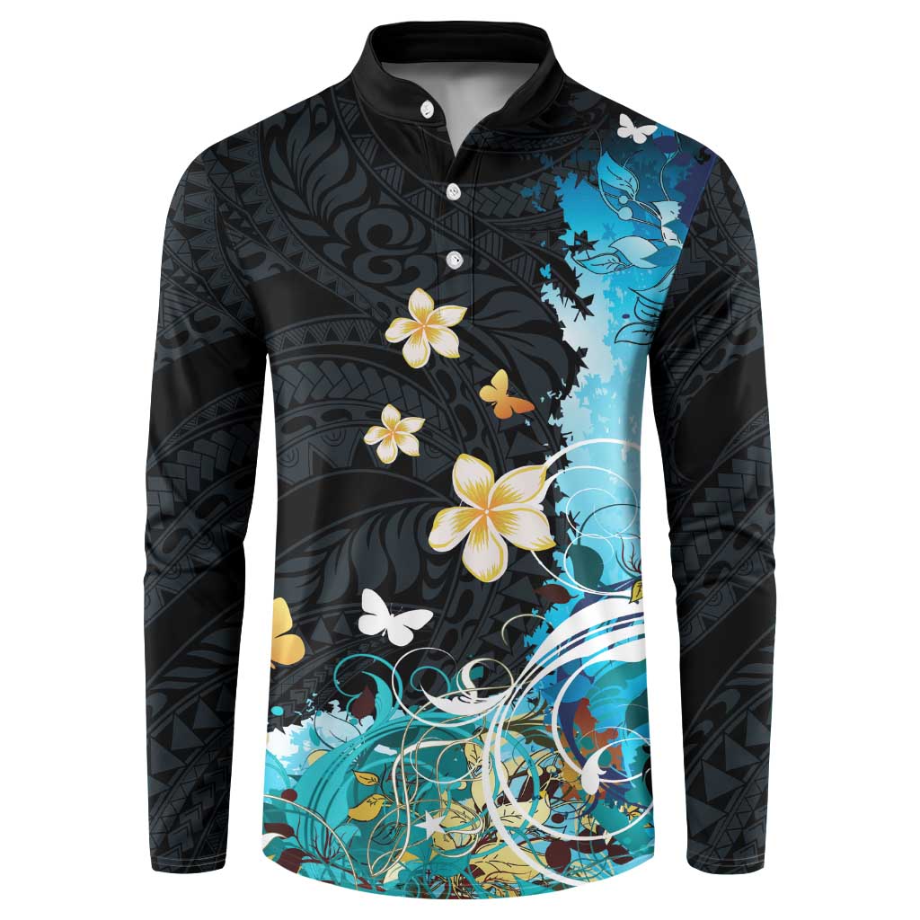 Blue Grunge Polynesian Pattern Button Sweatshirt Plumeria Floral