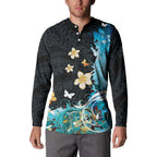 Blue Grunge Polynesian Pattern Button Sweatshirt Plumeria Floral