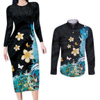 Blue Grunge Polynesian Pattern Couples Matching Long Sleeve Bodycon Dress and Long Sleeve Button Shirt Plumeria Floral