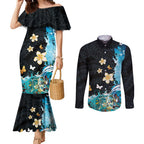 Blue Grunge Polynesian Pattern Couples Matching Mermaid Dress and Long Sleeve Button Shirt Plumeria Floral