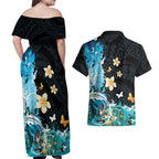 Blue Grunge Polynesian Pattern Couples Matching Off Shoulder Maxi Dress and Hawaiian Shirt Plumeria Floral