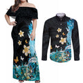 Blue Grunge Polynesian Pattern Couples Matching Off Shoulder Maxi Dress and Long Sleeve Button Shirt Plumeria Floral