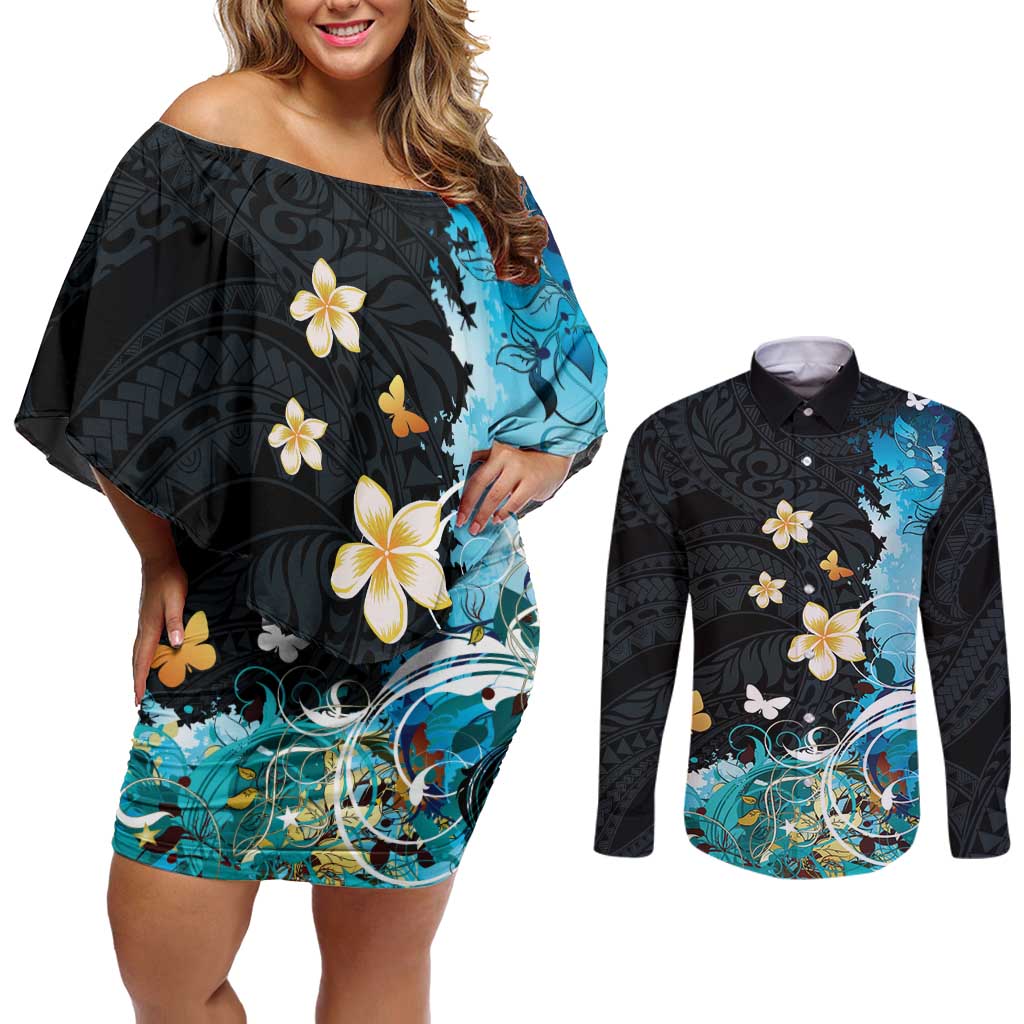 Blue Grunge Polynesian Pattern Couples Matching Off Shoulder Short Dress and Long Sleeve Button Shirt Plumeria Floral