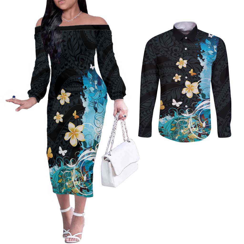 Blue Grunge Polynesian Pattern Couples Matching Off The Shoulder Long Sleeve Dress and Long Sleeve Button Shirt Plumeria Floral