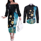 Blue Grunge Polynesian Pattern Couples Matching Off The Shoulder Long Sleeve Dress and Long Sleeve Button Shirt Plumeria Floral