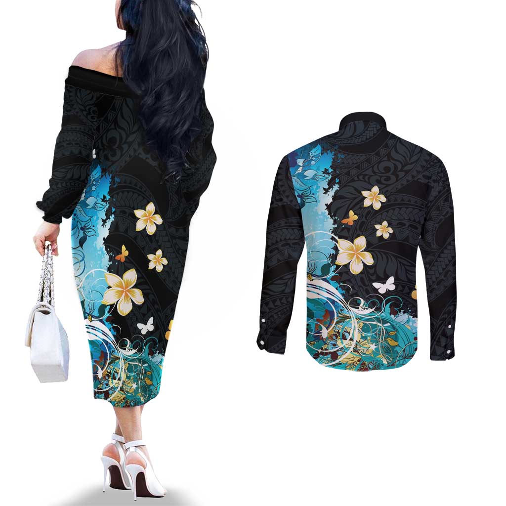 Blue Grunge Polynesian Pattern Couples Matching Off The Shoulder Long Sleeve Dress and Long Sleeve Button Shirt Plumeria Floral