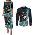 Blue Grunge Polynesian Pattern Couples Matching Puletasi and Long Sleeve Button Shirt Plumeria Floral