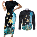 Blue Grunge Polynesian Pattern Couples Matching Short Sleeve Bodycon Dress and Long Sleeve Button Shirt Plumeria Floral