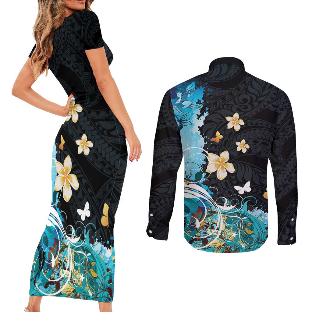 Blue Grunge Polynesian Pattern Couples Matching Short Sleeve Bodycon Dress and Long Sleeve Button Shirt Plumeria Floral
