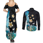 Blue Grunge Polynesian Pattern Couples Matching Summer Maxi Dress and Long Sleeve Button Shirt Plumeria Floral