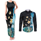 Blue Grunge Polynesian Pattern Couples Matching Tank Maxi Dress and Long Sleeve Button Shirt Plumeria Floral
