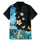 Blue Grunge Polynesian Pattern Family Matching Long Sleeve Bodycon Dress and Hawaiian Shirt Plumeria Floral