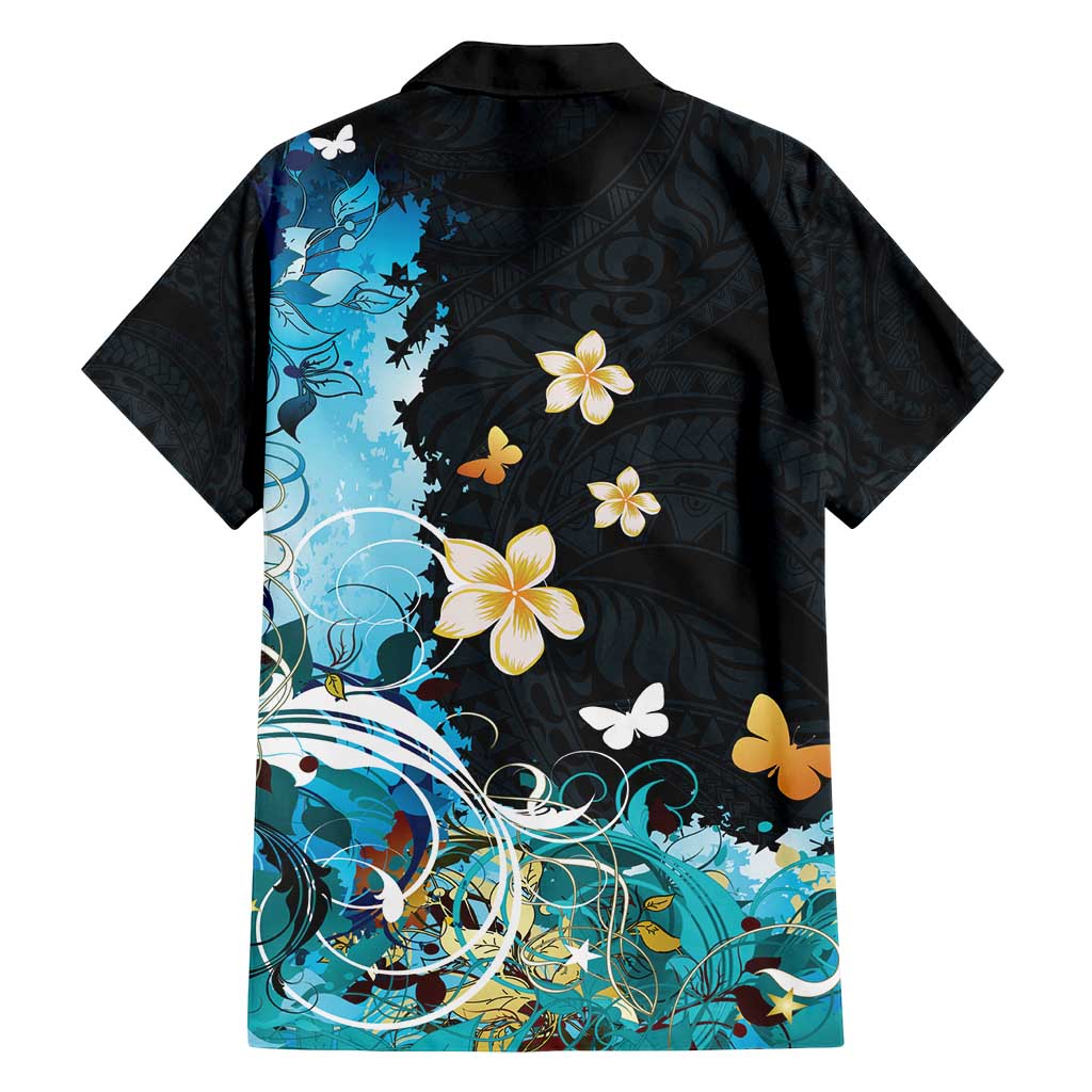 Blue Grunge Polynesian Pattern Family Matching Long Sleeve Bodycon Dress and Hawaiian Shirt Plumeria Floral