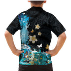 Blue Grunge Polynesian Pattern Family Matching Mermaid Dress and Hawaiian Shirt Plumeria Floral