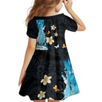 Blue Grunge Polynesian Pattern Family Matching Mermaid Dress and Hawaiian Shirt Plumeria Floral