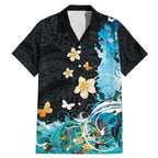 Blue Grunge Polynesian Pattern Family Matching Mermaid Dress and Hawaiian Shirt Plumeria Floral