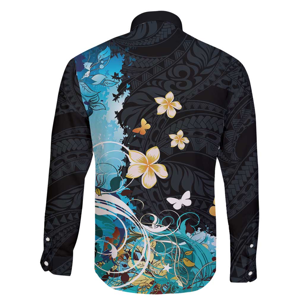 Blue Grunge Polynesian Pattern Family Matching Mermaid Dress and Hawaiian Shirt Plumeria Floral