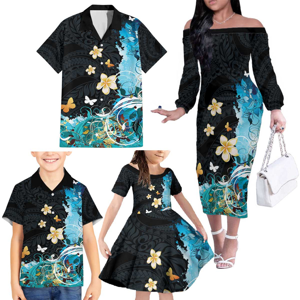 Blue Grunge Polynesian Pattern Family Matching Off The Shoulder Long Sleeve Dress and Hawaiian Shirt Plumeria Floral