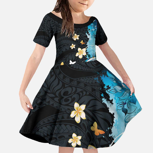 Blue Grunge Polynesian Pattern Family Matching Off The Shoulder Long Sleeve Dress and Hawaiian Shirt Plumeria Floral