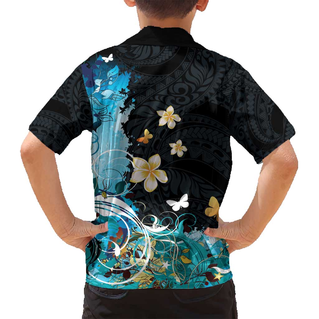 Blue Grunge Polynesian Pattern Family Matching Off Shoulder Maxi Dress and Hawaiian Shirt Plumeria Floral