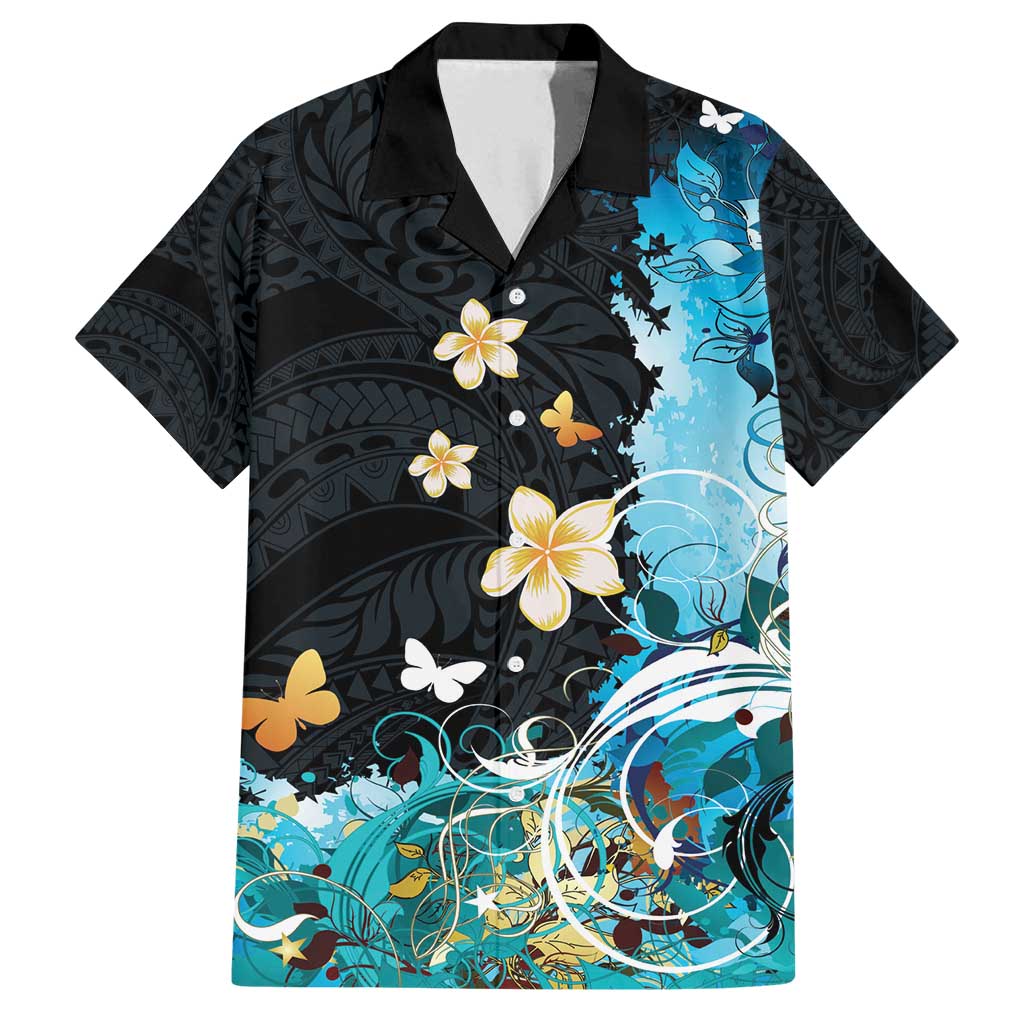 Blue Grunge Polynesian Pattern Family Matching Off Shoulder Maxi Dress and Hawaiian Shirt Plumeria Floral