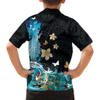 Blue Grunge Polynesian Pattern Family Matching Off Shoulder Short Dress and Hawaiian Shirt Plumeria Floral