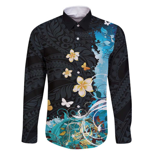 Blue Grunge Polynesian Pattern Family Matching Off Shoulder Short Dress and Hawaiian Shirt Plumeria Floral