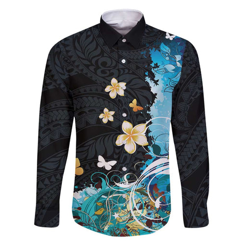 Blue Grunge Polynesian Pattern Family Matching Puletasi and Hawaiian Shirt Plumeria Floral