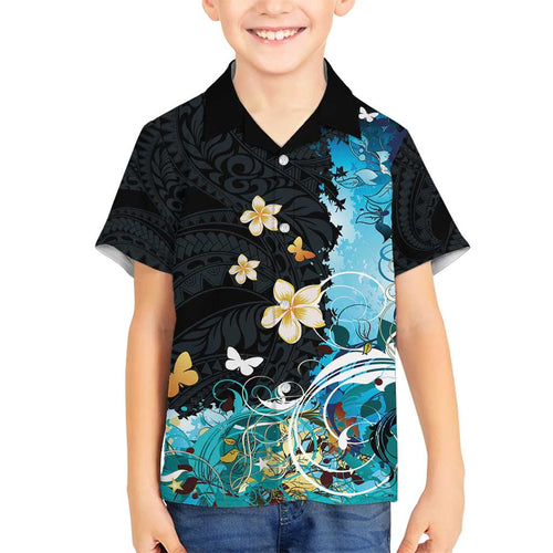 Blue Grunge Polynesian Pattern Family Matching Puletasi and Hawaiian Shirt Plumeria Floral