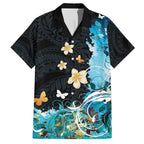 Blue Grunge Polynesian Pattern Family Matching Short Sleeve Bodycon Dress and Hawaiian Shirt Plumeria Floral