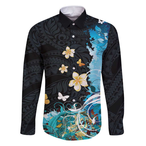 Blue Grunge Polynesian Pattern Family Matching Short Sleeve Bodycon Dress and Hawaiian Shirt Plumeria Floral