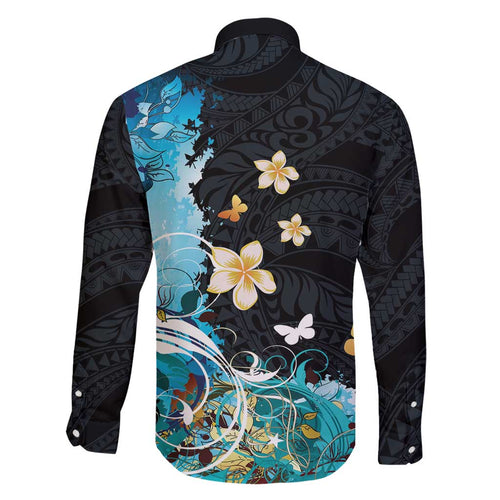 Blue Grunge Polynesian Pattern Family Matching Short Sleeve Bodycon Dress and Hawaiian Shirt Plumeria Floral