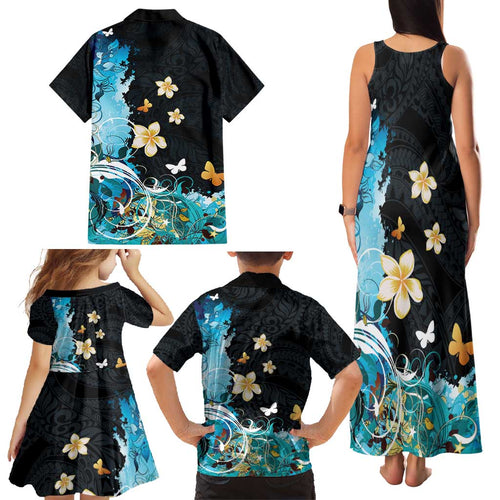 Blue Grunge Polynesian Pattern Family Matching Tank Maxi Dress and Hawaiian Shirt Plumeria Floral