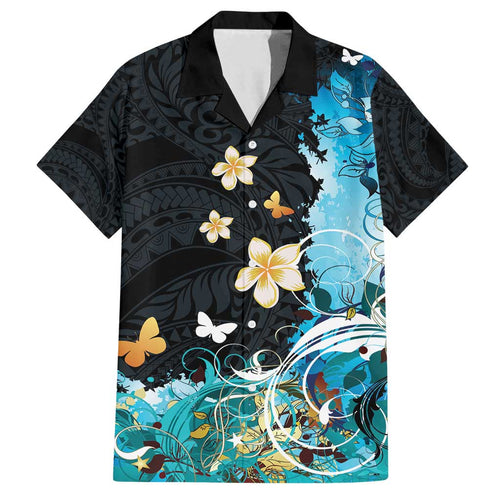 Blue Grunge Polynesian Pattern Family Matching Tank Maxi Dress and Hawaiian Shirt Plumeria Floral