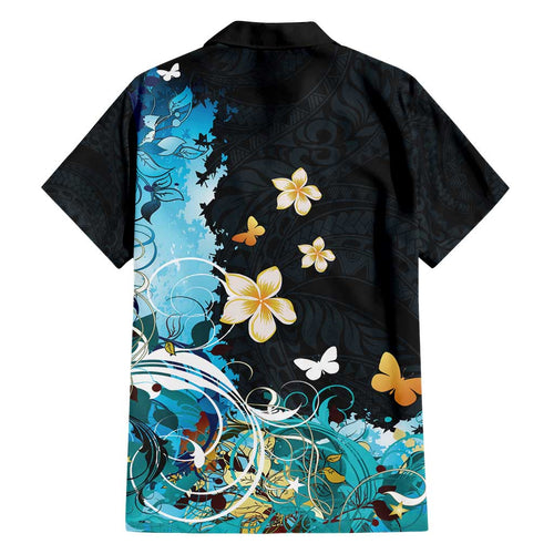 Blue Grunge Polynesian Pattern Family Matching Tank Maxi Dress and Hawaiian Shirt Plumeria Floral