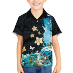 Blue Grunge Polynesian Pattern Hawaiian Shirt Plumeria Floral