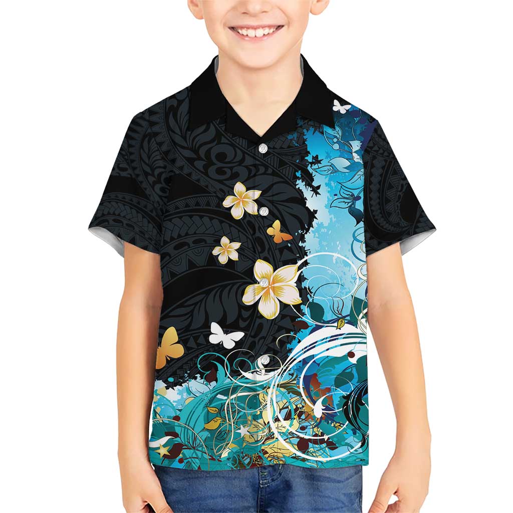 Blue Grunge Polynesian Pattern Hawaiian Shirt Plumeria Floral