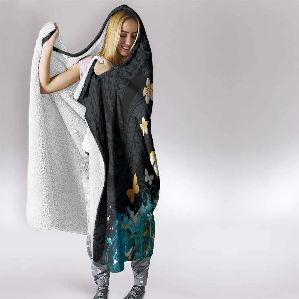 Blue Grunge Polynesian Pattern Hooded Blanket Plumeria Floral