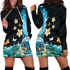 Blue Grunge Polynesian Pattern Hoodie Dress Plumeria Floral